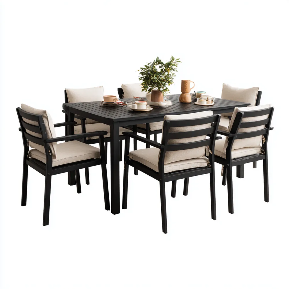 Set tavolo e sedie da pranzo in metallo e tessuto 150x90x75 cm – Nero/Beige – Design moderno