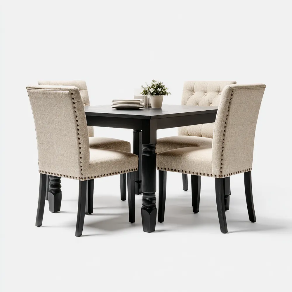 Set da pranzo in legno massello 100x100x75 cm – Beige/Nero – Design classico