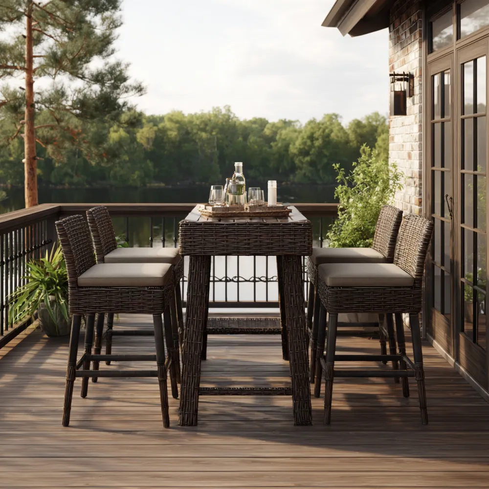 Set da bar da giardino in rattan 60x100x110 cm con cuscini imbottiti - 4 sedie 45x45x100 cm 1 tavolo - Marrone - Design moderno