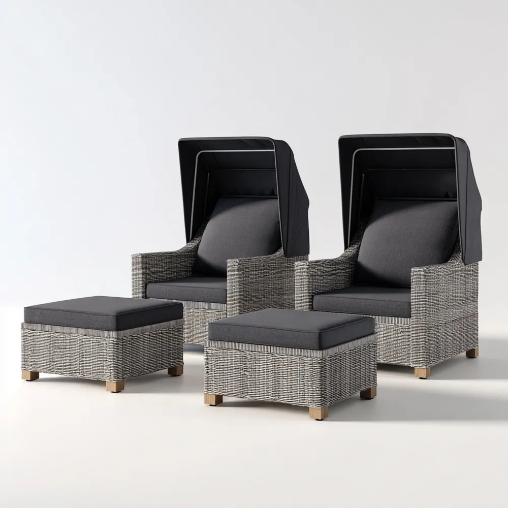 Set di Lettini Prendisole con Cappuccio 4 Pezzi – Resina Intrecciata Grigia – Design Moderno 85x90x150 cm, 60x60x35 cm