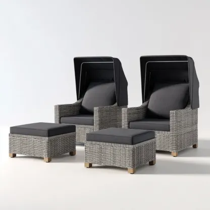 Set di Lettini Prendisole con Cappuccio 4 Pezzi – Resina Intrecciata Grigia – Design Moderno 85x90x150 cm, 60x60x35 cm