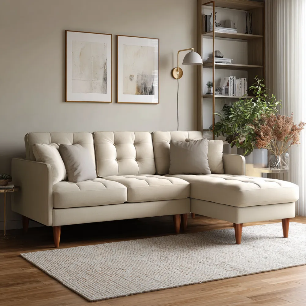 Divano angolare in tessuto 250x150x85 cm - Beige - Design moderno