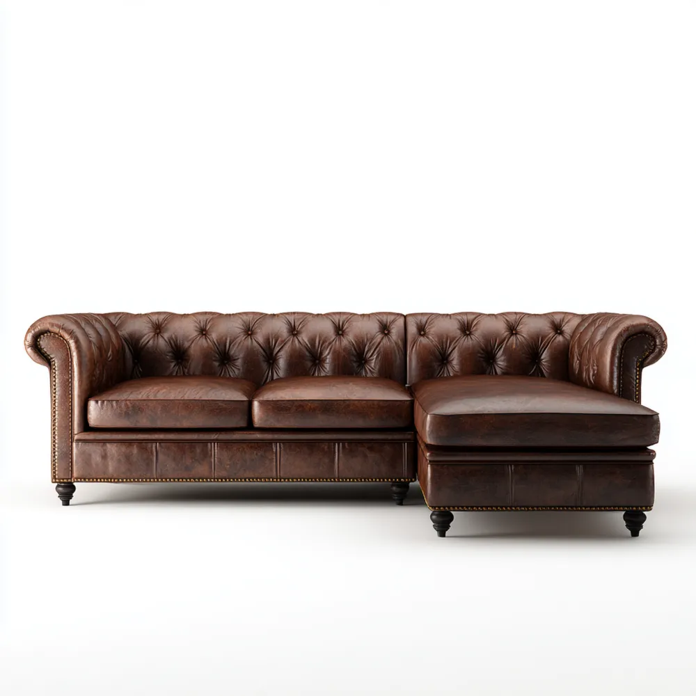 Divano angolare in pelle 250x90x80 cm - Marrone - Design classico