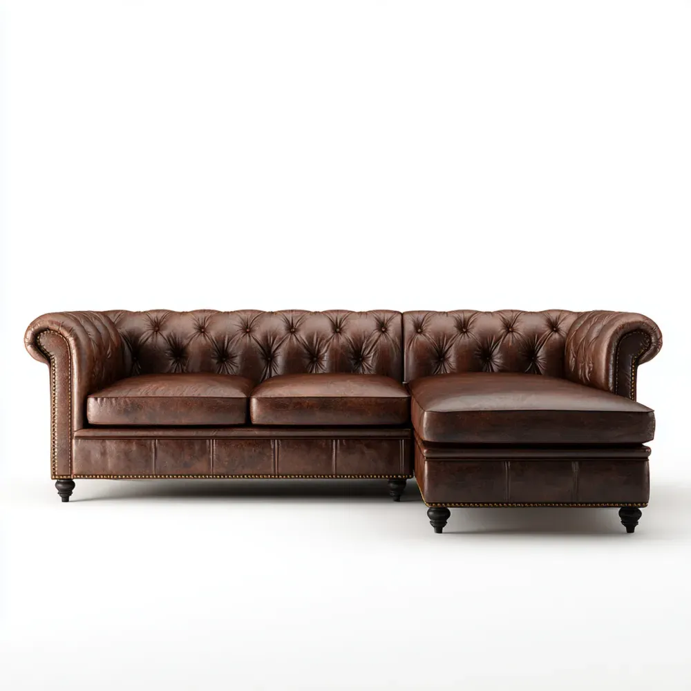 Divano angolare in pelle 250x90x80 cm - Marrone - Design classico