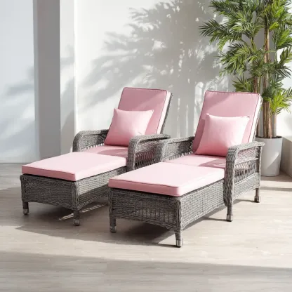 Lettino prendisole in rattan 190x65x90 cm con cuscini Rosa/Grigio - Design elegante per esterni