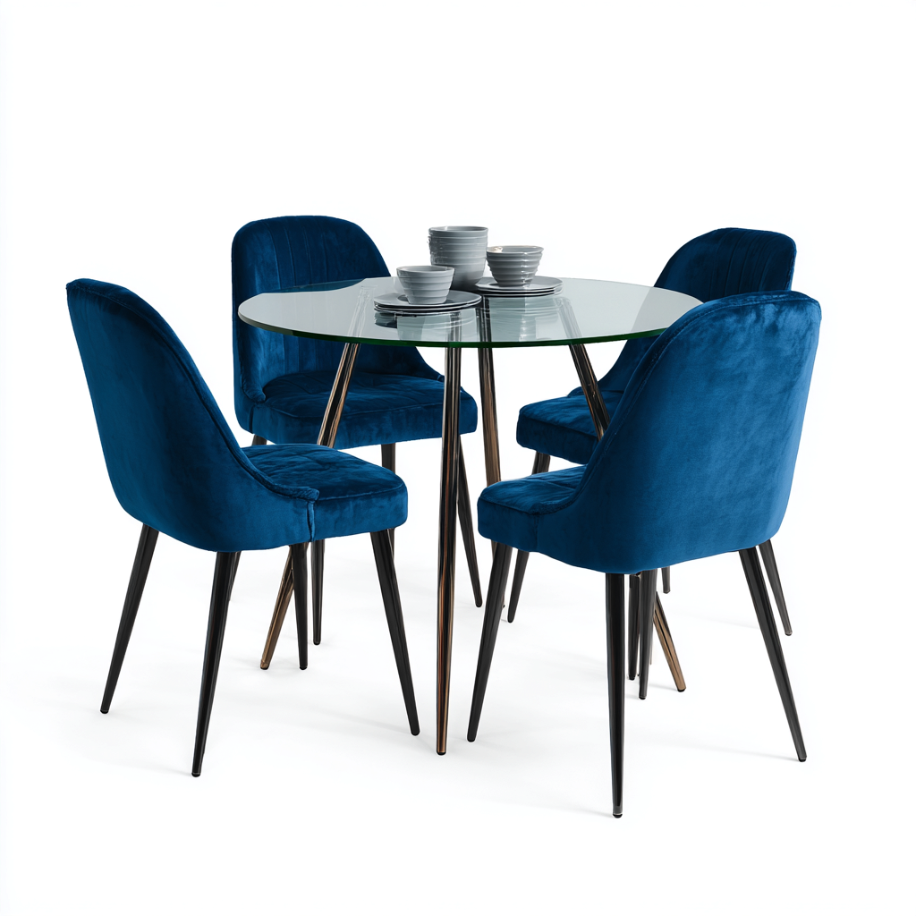 Tavolo e sedie set da pranzo in vetro e tessuto 110x110x75 cm - trasparente-blu - adatto alla sala da pranzo - design moderno-Roomgohaus
