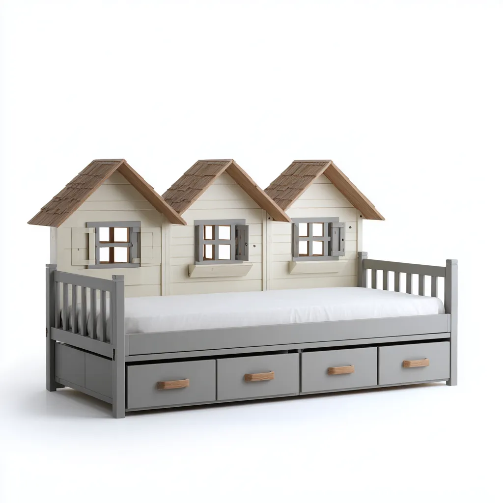 Letto per bambini Legno-Legno verniciato 200x100x150 cm - Grigio-Legno naturale - Testiera a casette-Roomgohaus