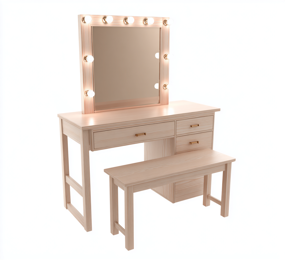 Toeletta in legno 100x45x150 cm - legno chiaro - design moderno con specchio illuminato-Roomgohaus