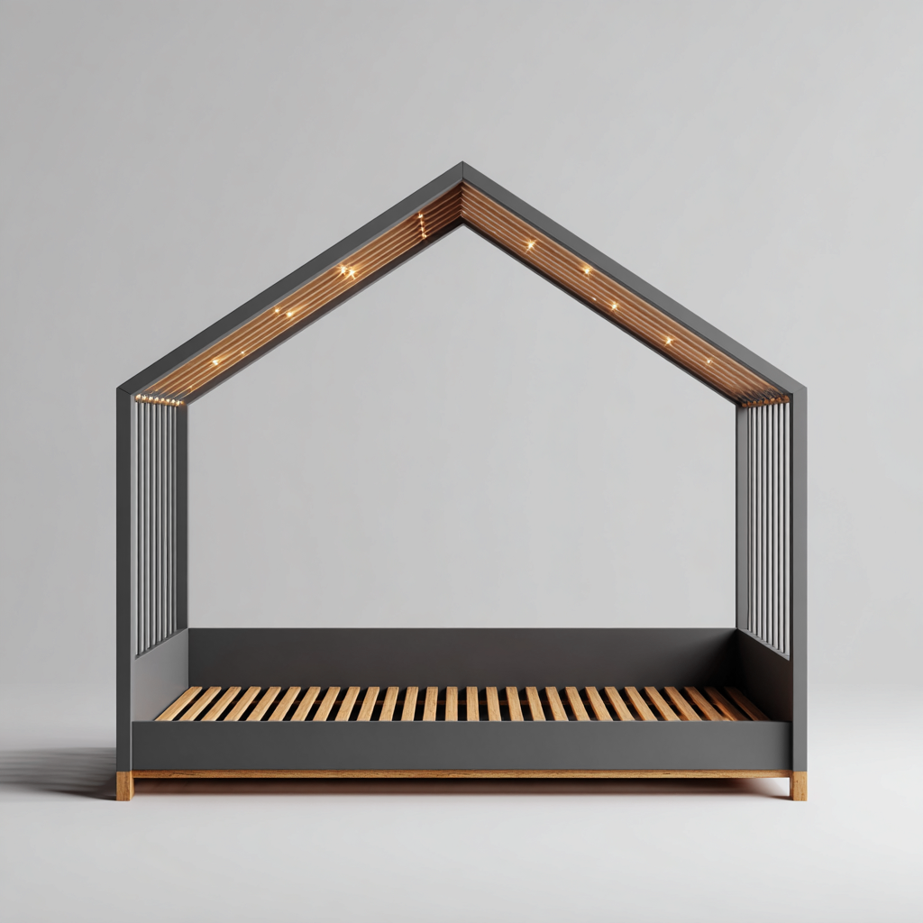 Letto per bambini Legno-Legno verniciato 200x100x160 cm - Grigio-Legno naturale - Struttura a casetta-Roomgohaus