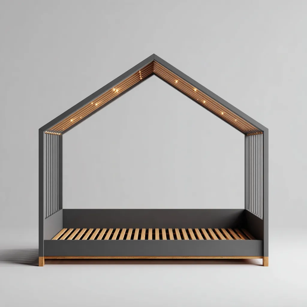 Letto per bambini Legno-Legno verniciato 200x100x160 cm - Grigio-Legno naturale - Struttura a casetta-Roomgohaus