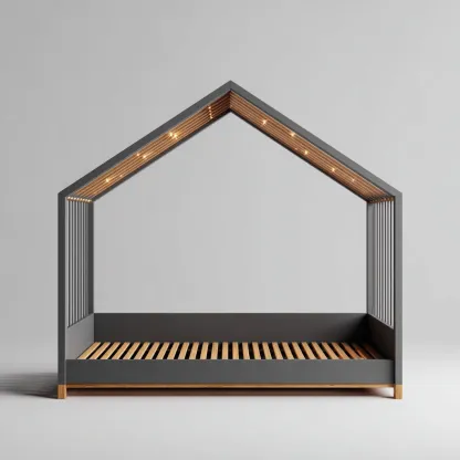 Letto per bambini Legno-Legno verniciato 200x100x160 cm - Grigio-Legno naturale - Struttura a casetta-Roomgohaus