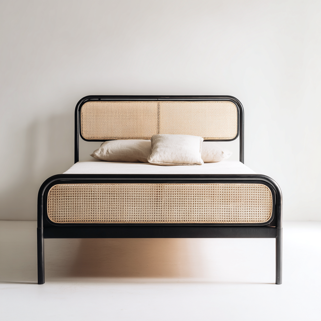Letto matrimoniale Metallo Rattan 200x160x95 cm - Nero-Naturale - Design moderno-Roomgohaus