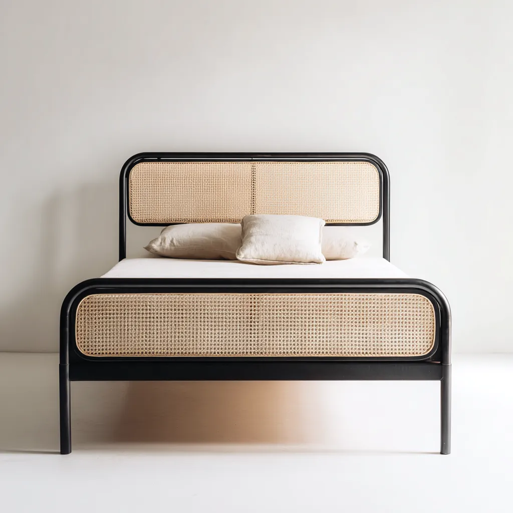 Letto matrimoniale Metallo Rattan 200x160x95 cm - Nero-Naturale - Design moderno-Roomgohaus