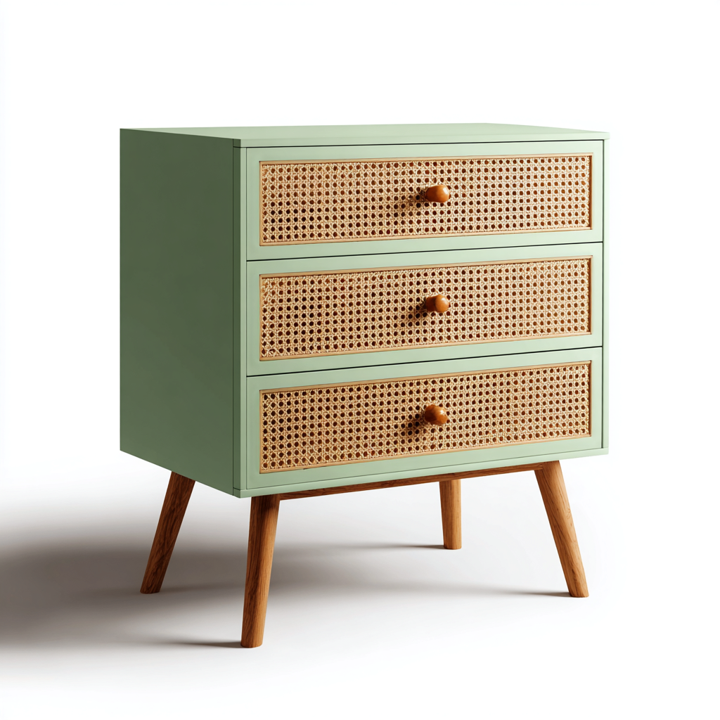 Cassettiera in legno e rattan 60x40x75 cm - verde salvia-naturale - per camera da letto - stile moderno-Roomgohaus