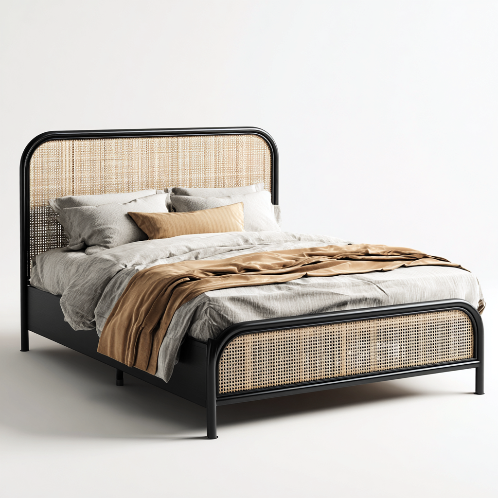 Letto matrimoniale Metallo Rattan 200x160x100 cm - Nero-Naturale - Design moderno-Roomgohaus