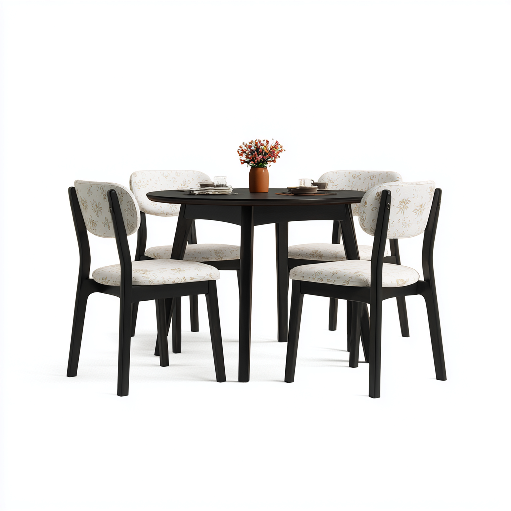 Tavolo e sedie set da pranzo in legno e tessuto 116x116x75 cm - nero-bianco - adatto alla sala da pranzo - design moderno-Roomgohaus