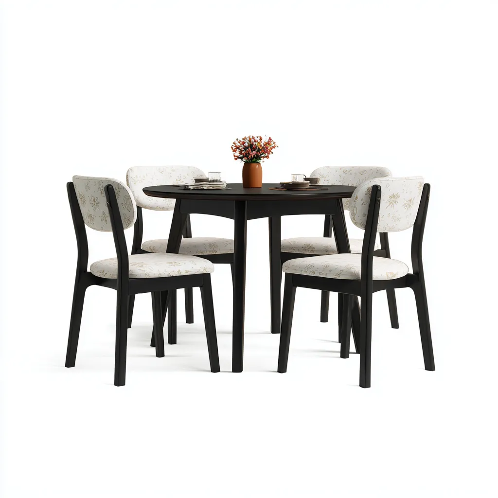 Tavolo e sedie set da pranzo in legno e tessuto 116x116x75 cm - nero-bianco - adatto alla sala da pranzo - design moderno-Roomgohaus