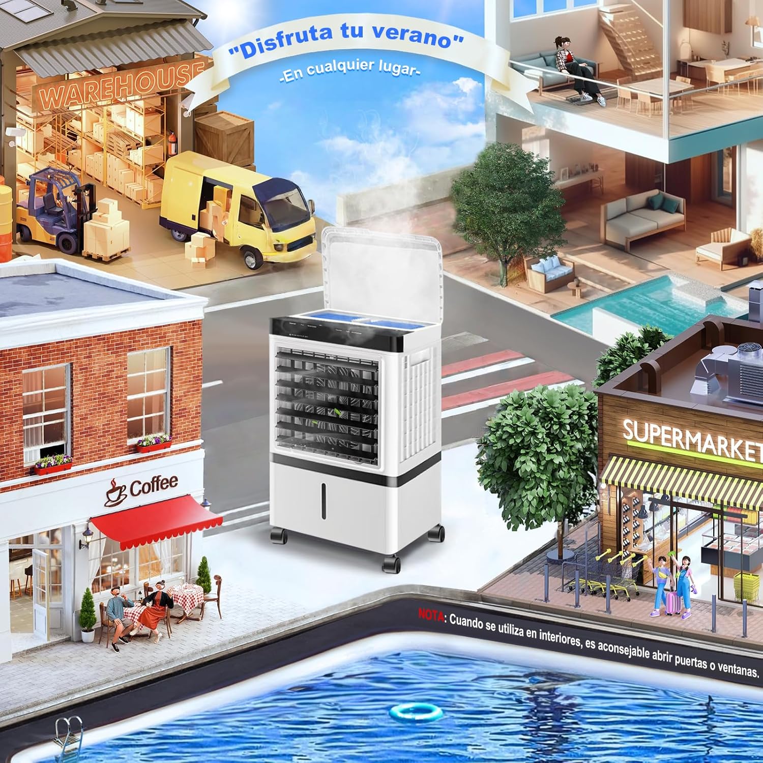 Enfriador de Aire 3 en 1 Portátil, 70W, 3 Velocidades, Control Remoto, 14L, Diseño de Doble Ventilación y Salidas en Espiral, Potente y Eficiente, Ideal para Uso Interior y Exterior