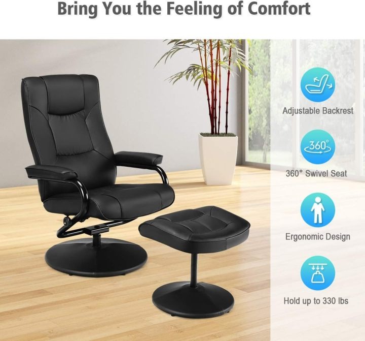 WATERJOY - Sillón reclinable Giratorio de Piel sintética, sillón reclinable de 360 Grados Giratorio, Acolchado con reposapiés, Taburete otomano para Oficina, Sala de Estar, Color Negro