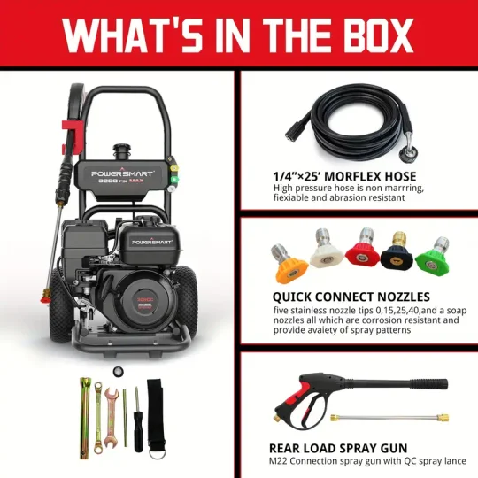 Hidrolavadora a Gas PowerSmart, 3200 PSI 2.5 GPM Bomba de leva axial, Tanque de jabón a bordo de 208 cc, 5 boquillas QC Manguera de 25 pies, Pistola pulverizadora y varilla para limpiar autos/casas