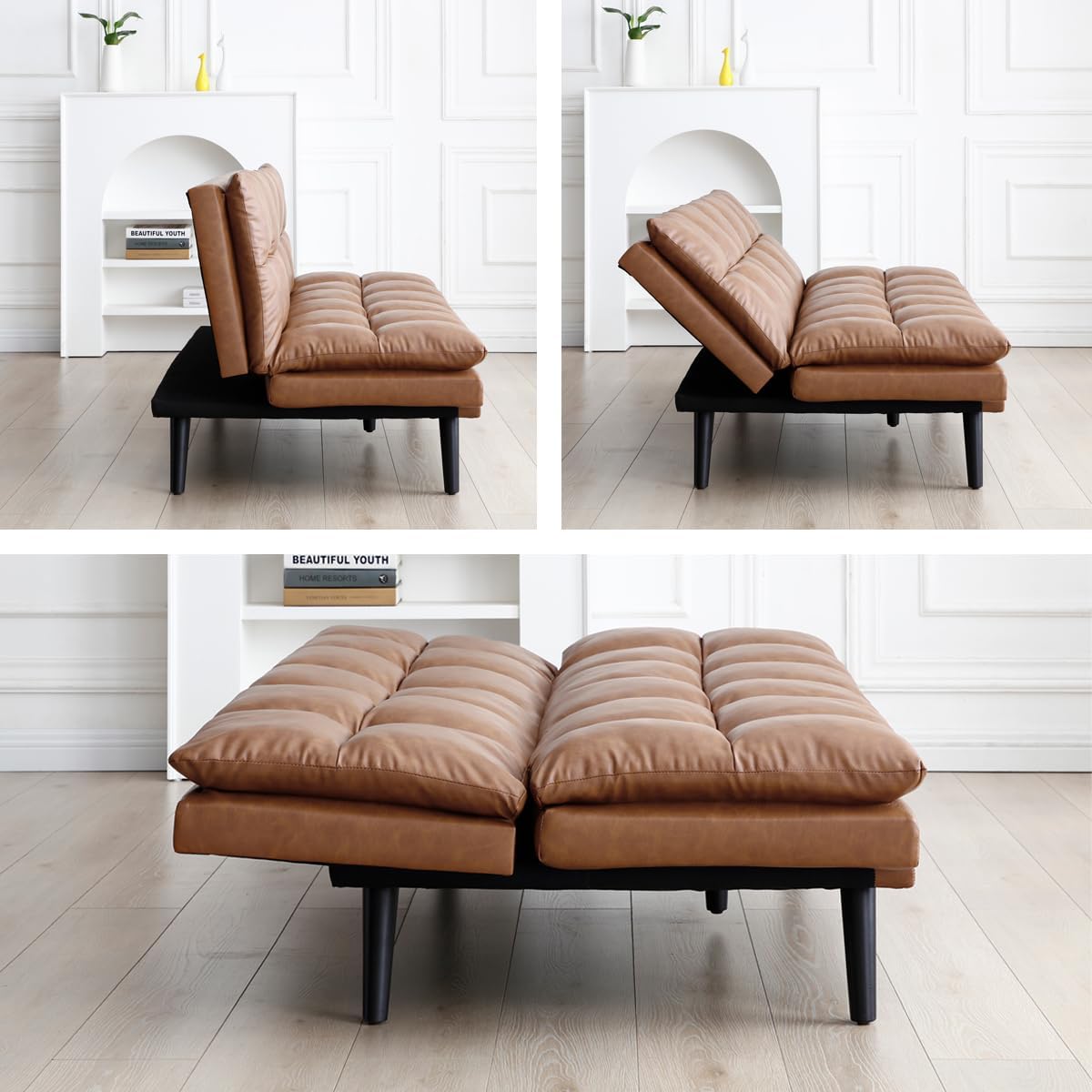 VANLIG | Sofá Cama Moderno de Vinipiel | Acolchado Futón Munich | Multiusos Ajustable | para Espacios Pequeños | Alta Calidad Resistente y Duradero | Color Café