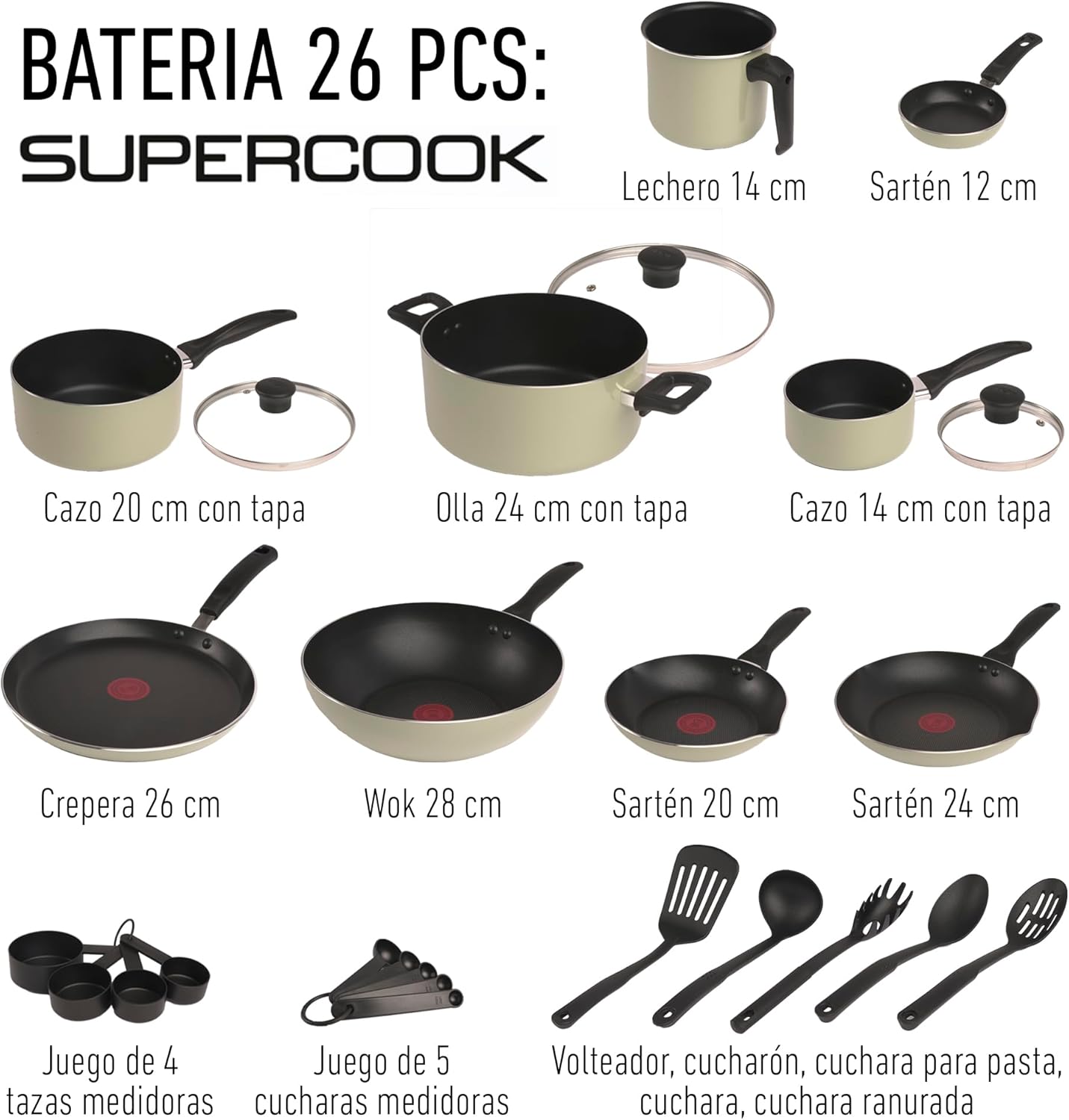 T-fal Batería de Cocina Supercook de 26 piezas Color Rojo con Antiadherente Titanium, tecnología Thermo Señal, de fácil limpieza y base difusora para crear deliciosas recetas, B929SZ84