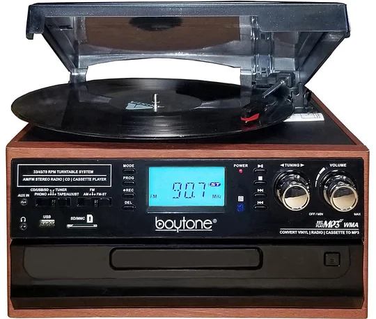 BT-22MS 9-in-1 Wireless Connection Multimedia Turntable System – Mahogany with Silver Knob