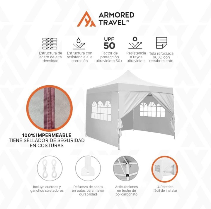 Toldo con Paredes Carpa Plegable Retráctil Impermeable 3x3 M Premium para Exteriores Jardín Armored Travel | Uso comercial | Negocio Uso rudo *Acero Reforzado* + **Maleta Transportadora** + *Estacas* Canopy Tent Gazebo Instant Shelter