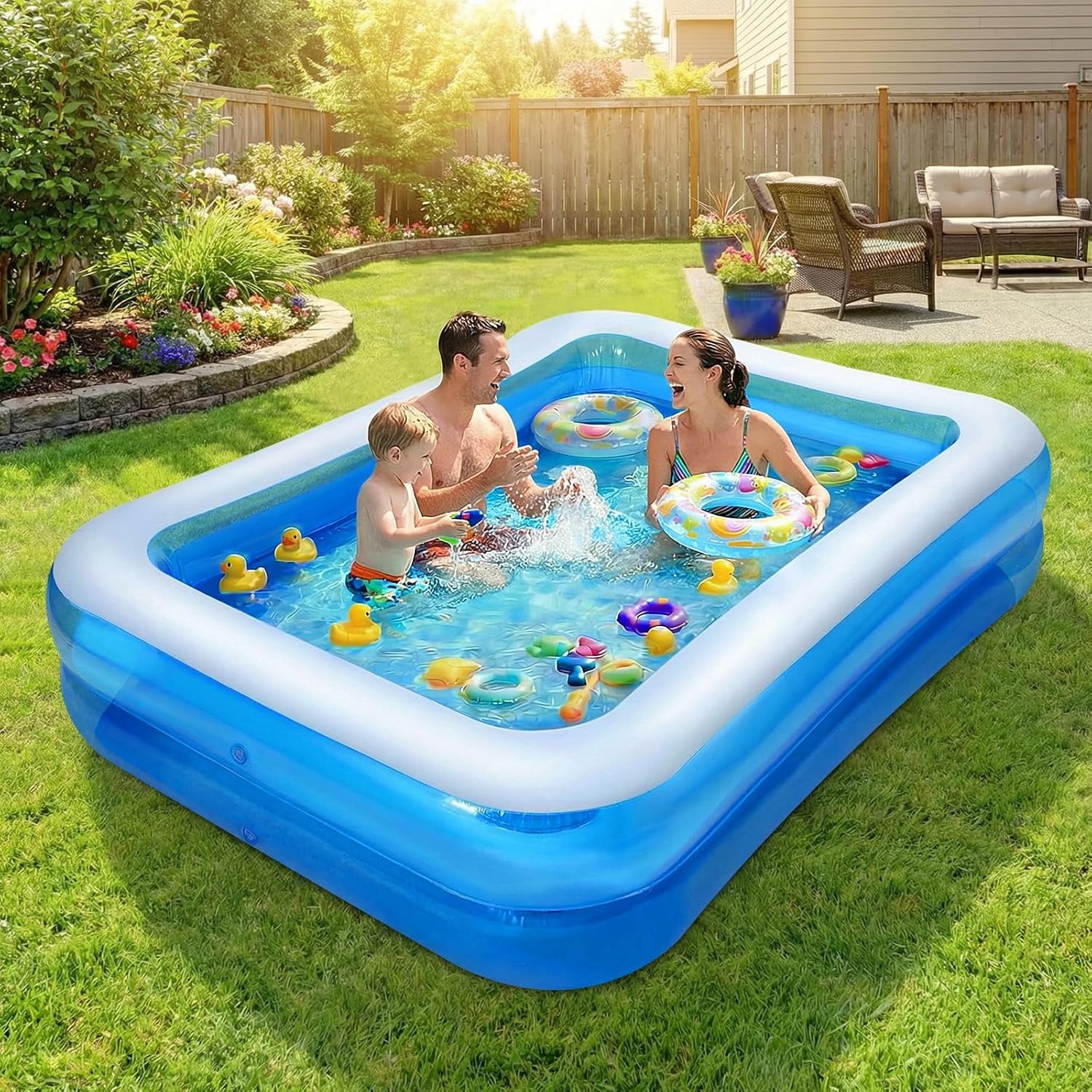 POVOLE Alberca Inflable para Niños y Adultos, 180x140x50cm Piscina Engrosada, Piscina Familiar para Bebés, al Aire Libre, Jardín, Patio Trasero, Fiesta de Agua de Verano