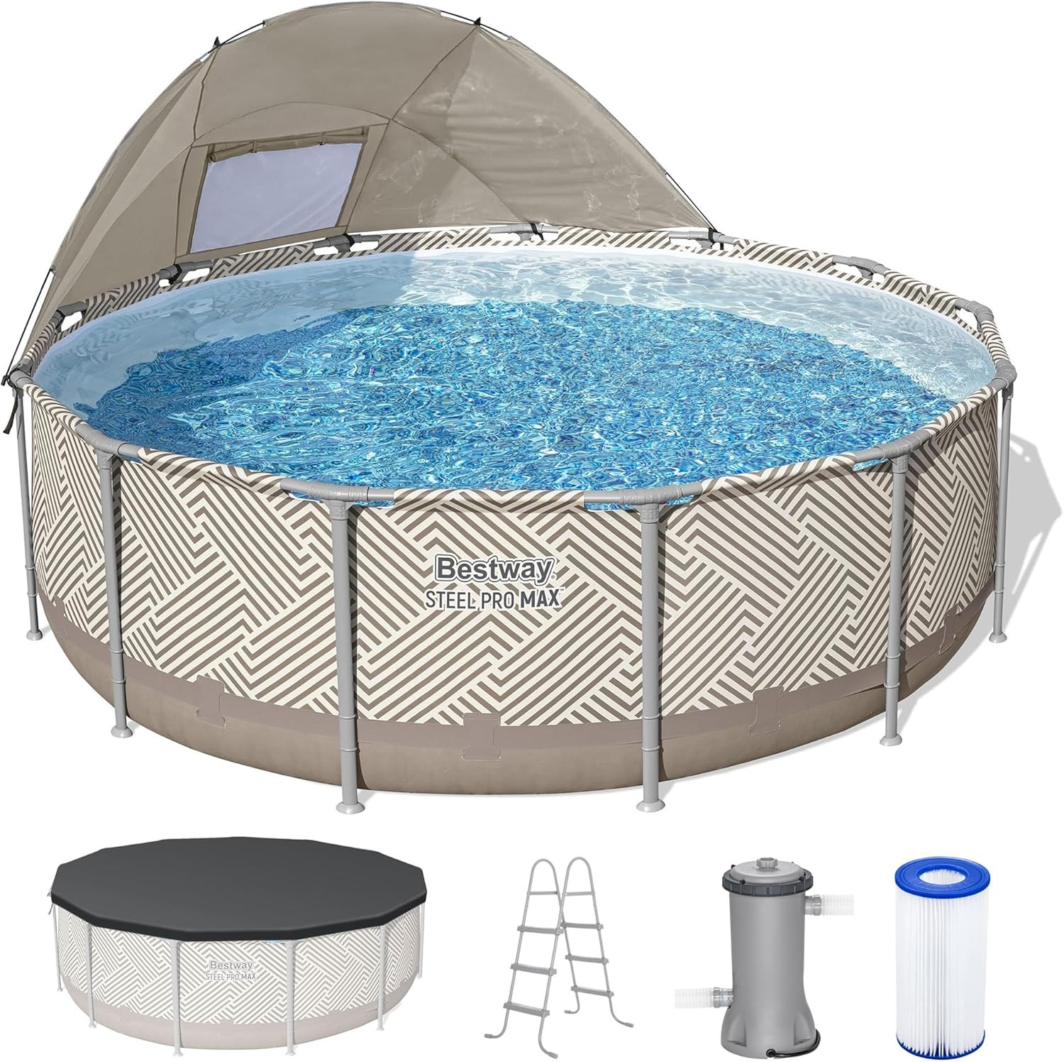 Bestway Steel Pro - Juego de piscina redonda sobre el suelo de 13 x 42 pulgadas con capacidad de 2.941 galones, revestimiento DuraPlus, bomba de filtro, toldo, escalera y parche de reparación