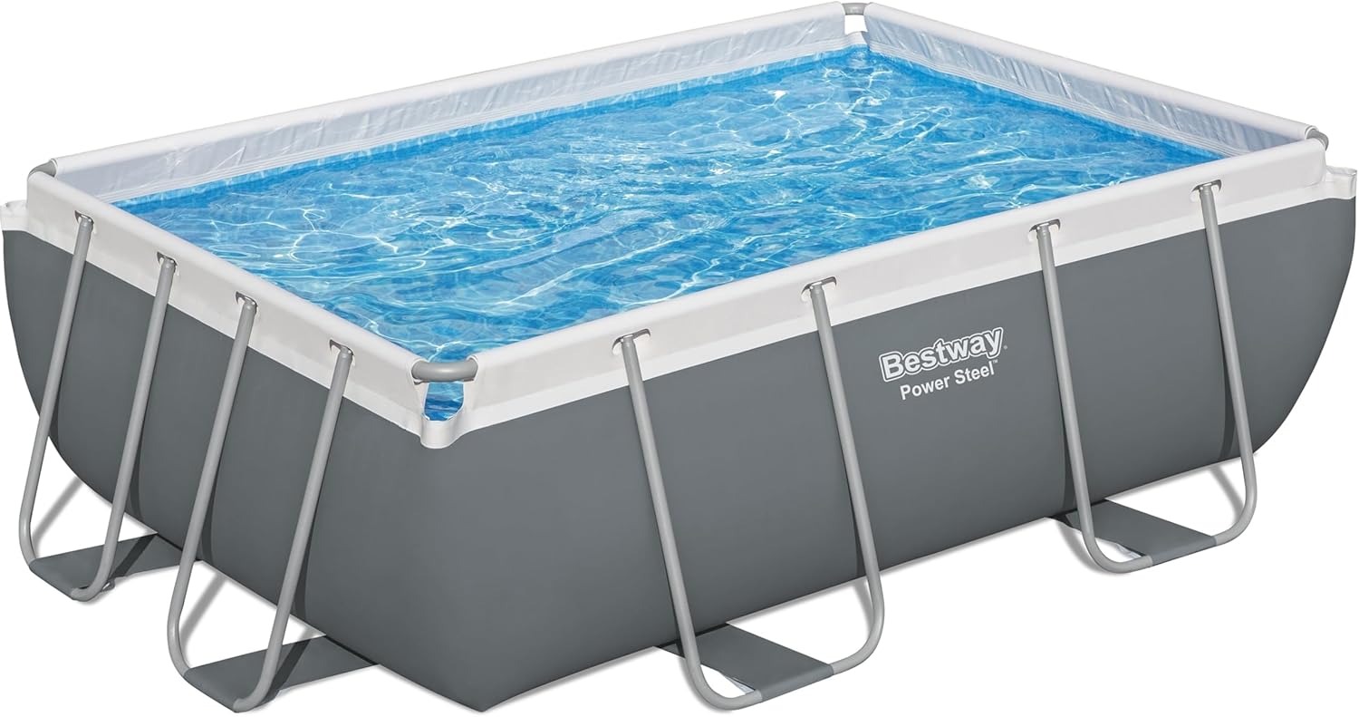Bestway: Power Steel - Juego de piscina sobre el piso de 9 pies 3 pulgadas x 6 pies 5 pulgadas x 33 pulgadas, 937 galones, piscina familiar rectangular al aire última intervensión, resistente a la corrosión y a los pinchazos, incluye dispensador ChemConne