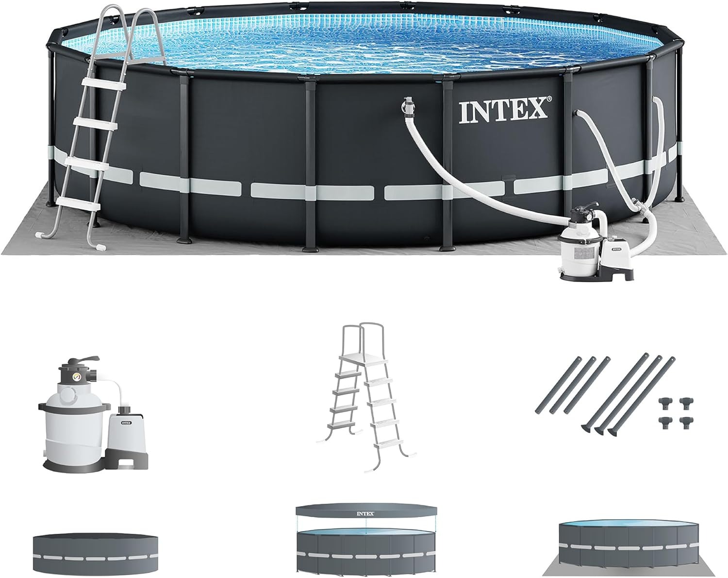 Set de piscina Intex Ultra XTR de 16 pies x 48 pulgadas, con bomba de filtro de arena, escalera, tapiz de suelo y cobertor.