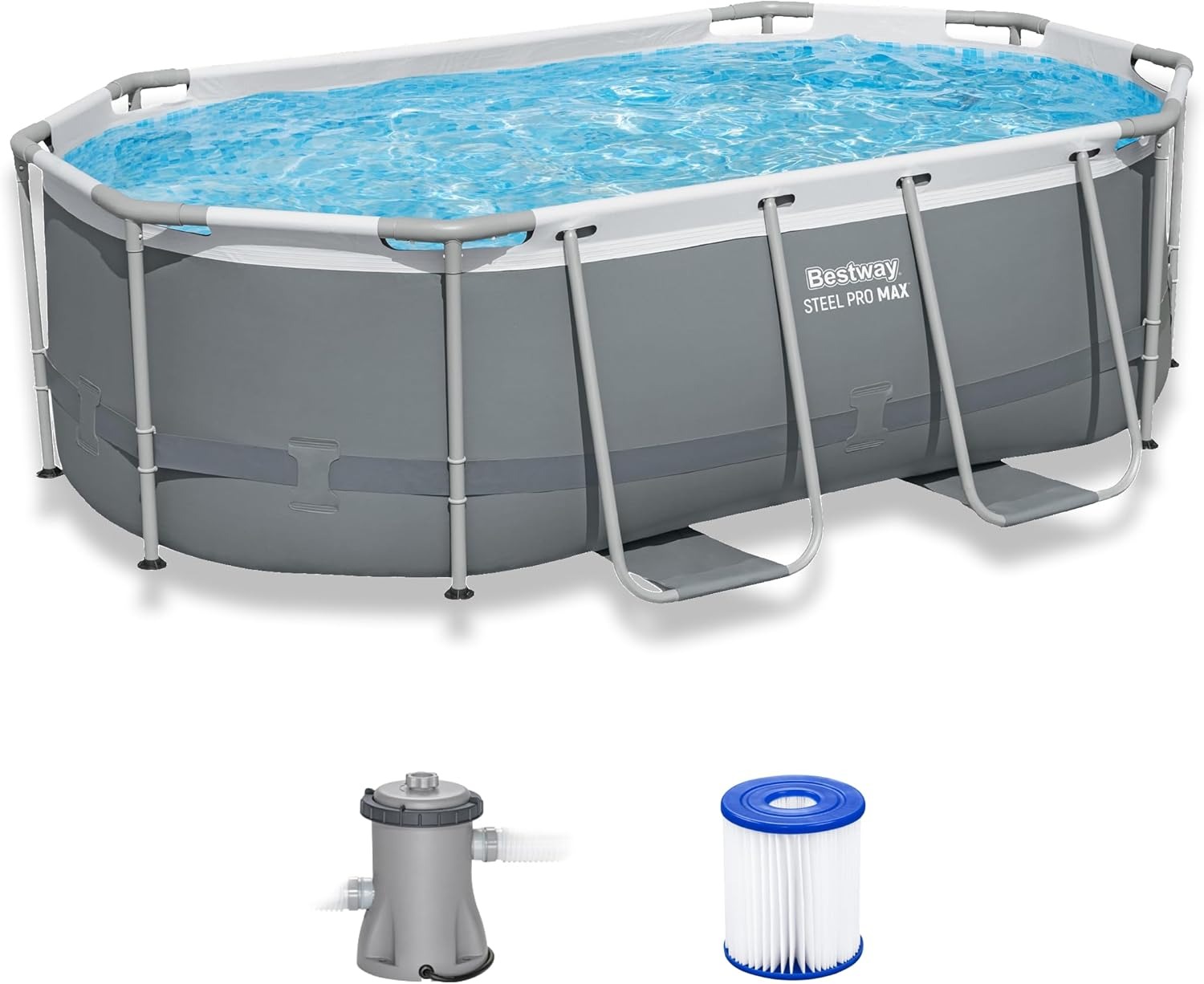 Bestway Steel Pro MAX - Juego de Piscina sobre el Piso (10 pies x 6 pies x 7 pies x 33 pies) | Incluye Bomba de Filtro de 330 galones por Hora | Piscina Ovalada para niños y Adultos