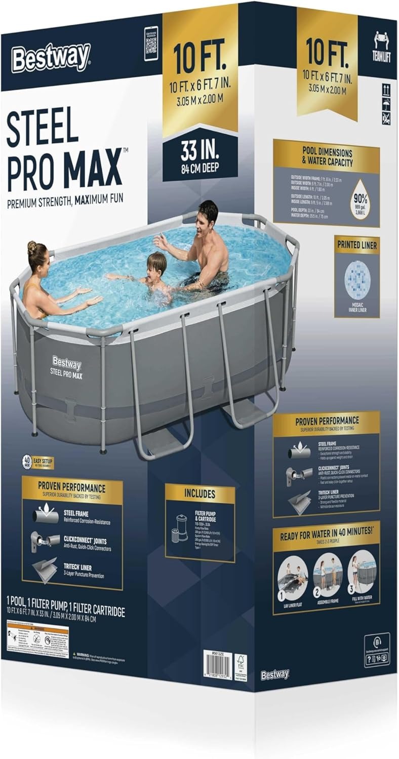 Bestway Steel Pro MAX - Juego de Piscina sobre el Piso (10 pies x 6 pies x 7 pies x 33 pies) | Incluye Bomba de Filtro de 330 galones por Hora | Piscina Ovalada para niños y Adultos