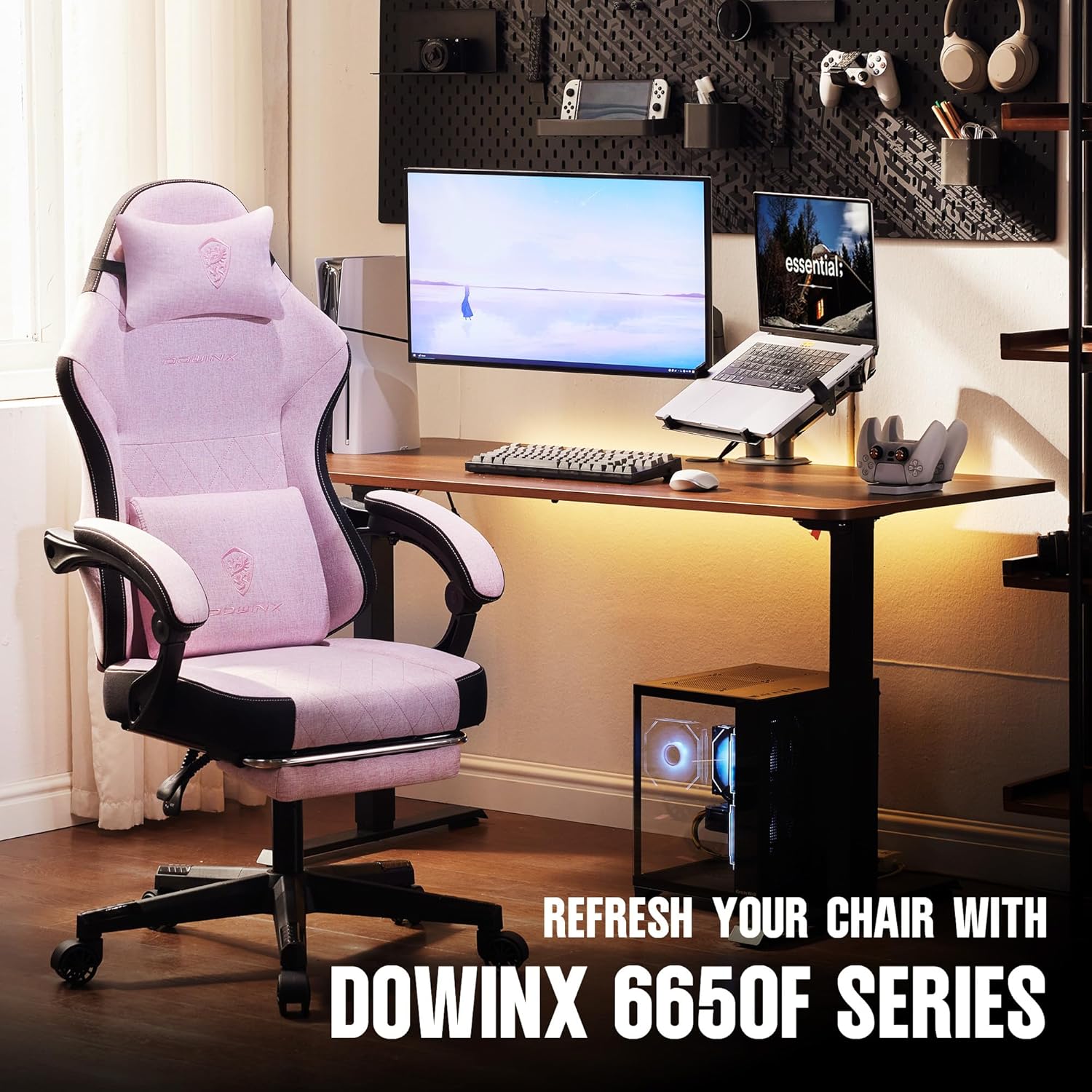 Dowinx - Silla de juego de tela con cojín de resorte de bolsillo, silla ergonómica de computadora con respaldo alto con reposapiés para adultos, soporte lumbar de masaje, silla de juego giratoria para