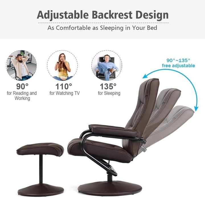 WATERJOY - Sillón reclinable Giratorio de Piel sintética, sillón reclinable de 360 Grados Giratorio, Acolchado con reposapiés, Taburete otomano para Oficina, Sala de Estar, Color Negro