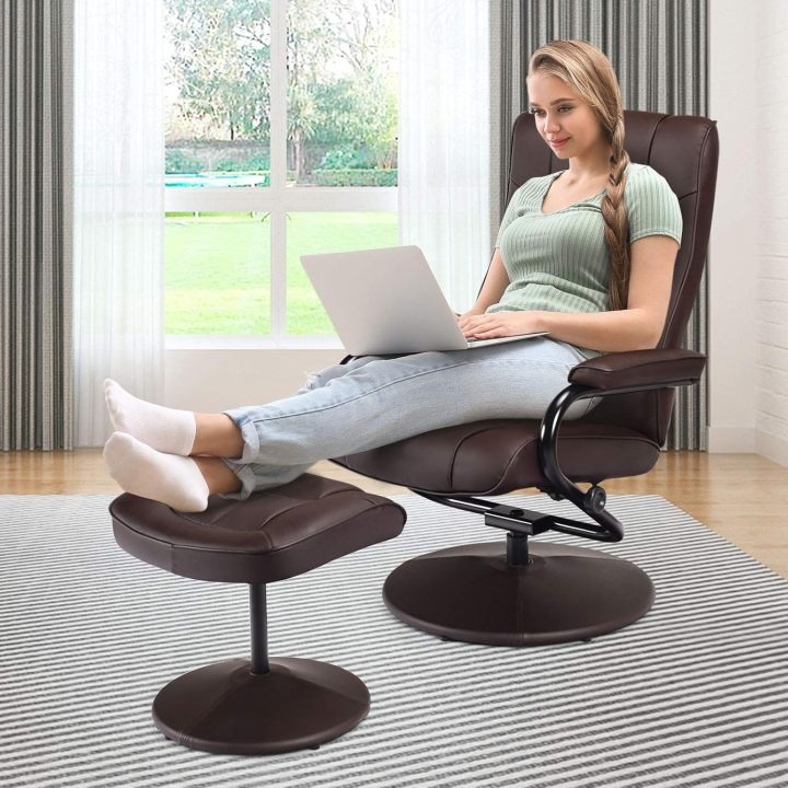 WATERJOY - Sillón reclinable Giratorio de Piel sintética, sillón reclinable de 360 Grados Giratorio, Acolchado con reposapiés, Taburete otomano para Oficina, Sala de Estar, Color Negro