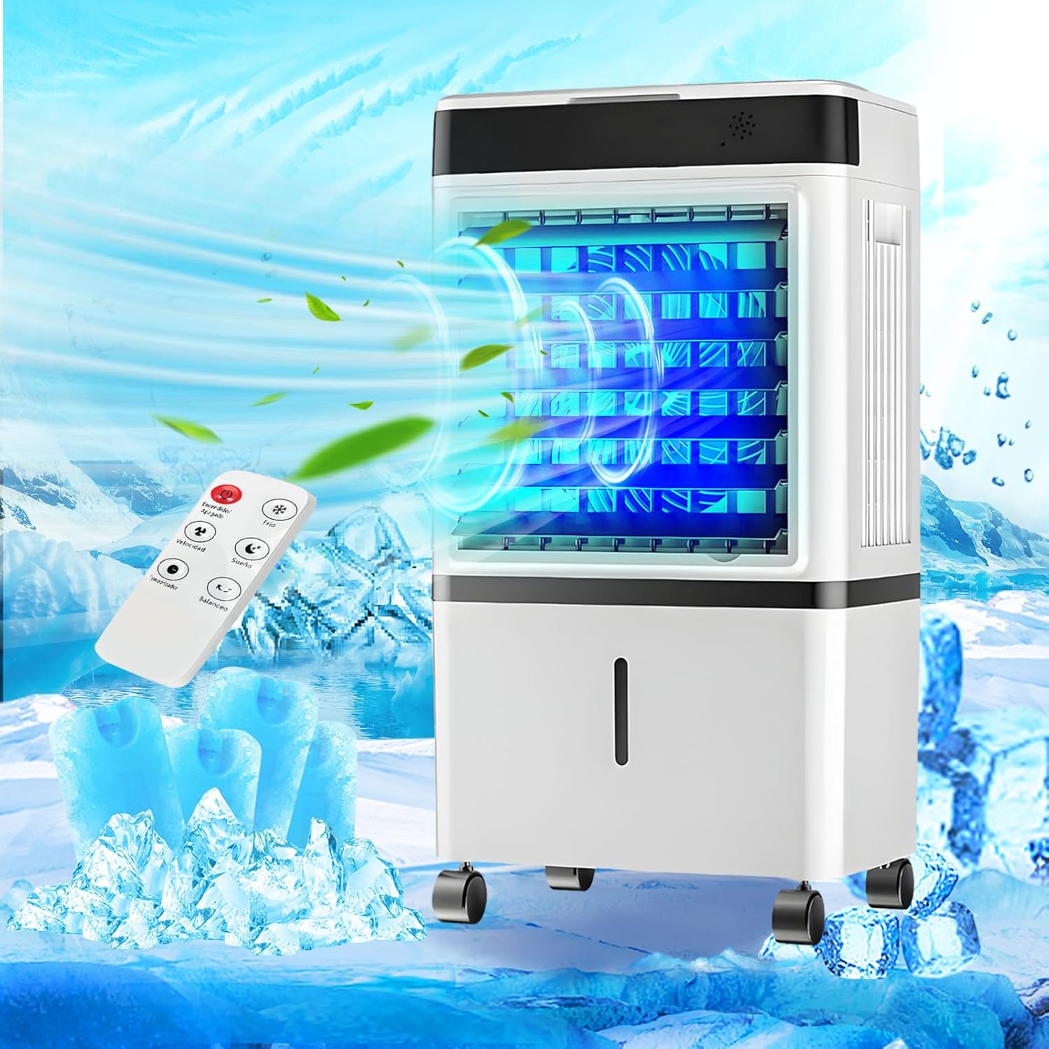 Enfriador de Aire 3 en 1 Portátil, 70W, 3 Velocidades, Control Remoto, 14L, Diseño de Doble Ventilación y Salidas en Espiral, Potente y Eficiente, Ideal para Uso Interior y Exterior
