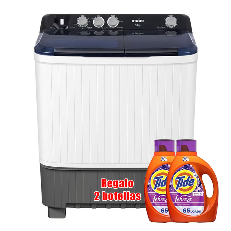 Lavadora Mabe Doble Tina 11/13/16/18 kg Se incluyen dos botellas de detergente para ropa.