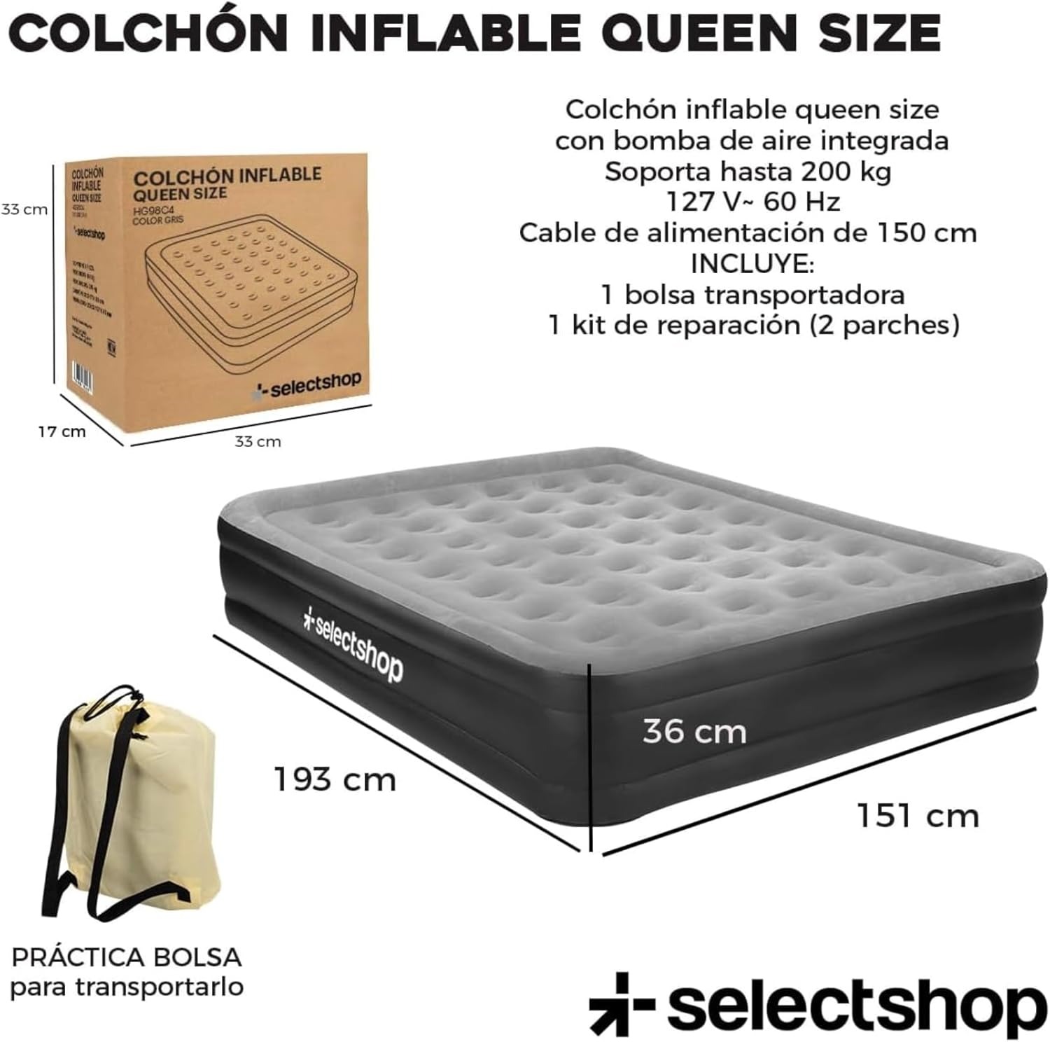 SELECTSHOP Colchón Inflable Queen Size con Bomba Incluida Cama Inflable para Camping Cama De Aire Elevada con Bomba Incluida Colchón Queen Size Inflable Duradero Resistente