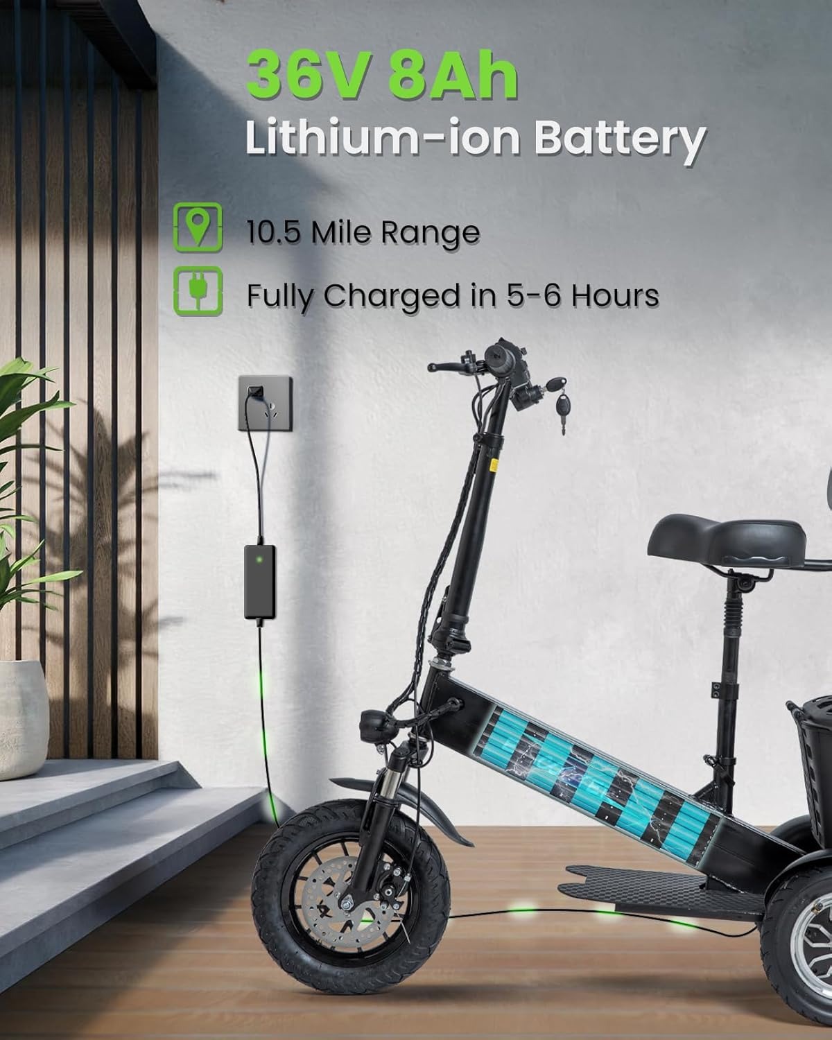 Patinete eléctrico de 3 ruedas para adultos, scooter de movilidad de 3 ruedas para adultos, carga de 350 libras, largo alcance, con cargador y cesta, cabe en baúles de coche para paseos diarios
