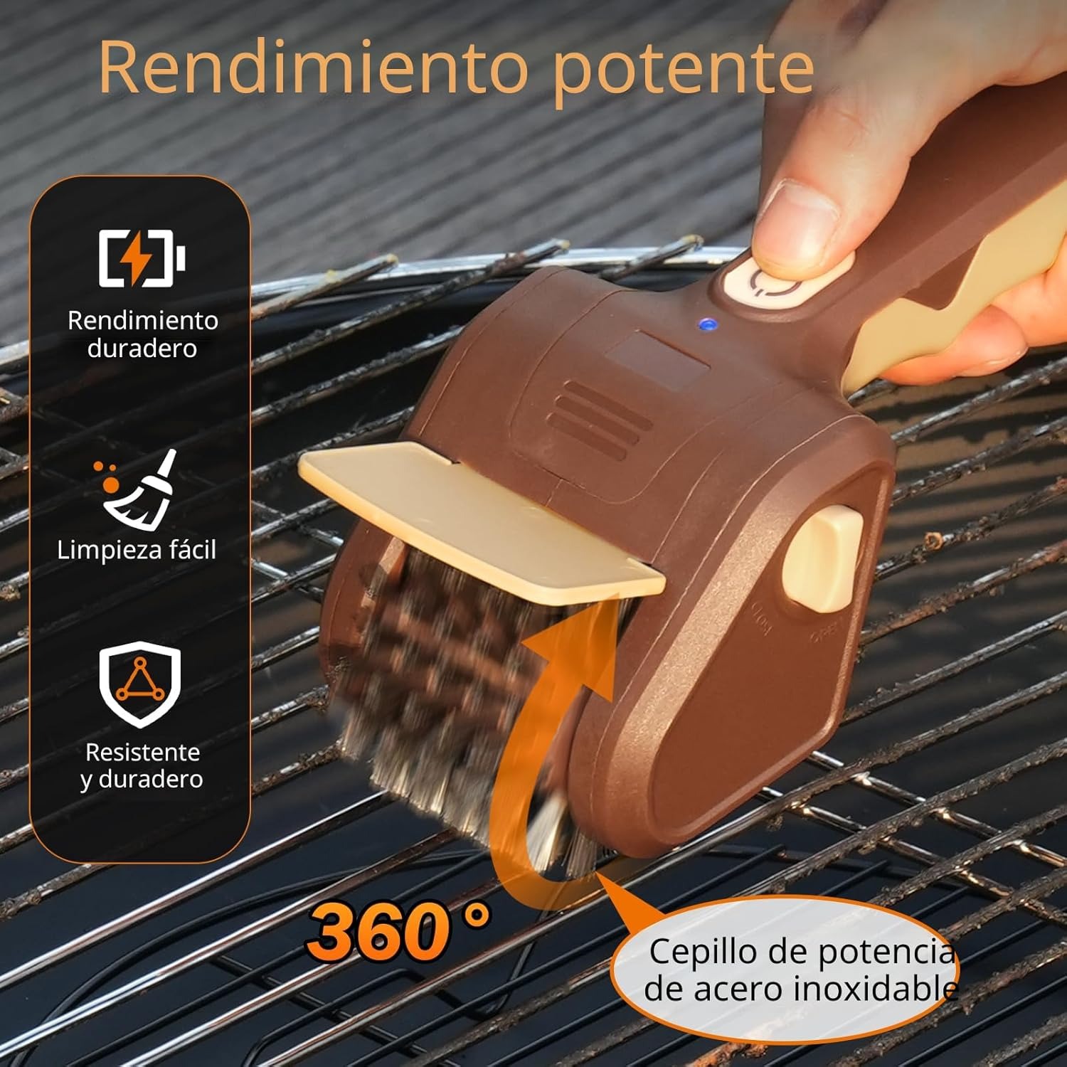 Cepillo eléctrico para parrillas de exterior, limpiador eléctrico inalámbrico para parrillas, cepillo de acero inoxidable recargable para limpieza de parrillas, raspador para parrillas, accesorios para barbacoa (marrón)