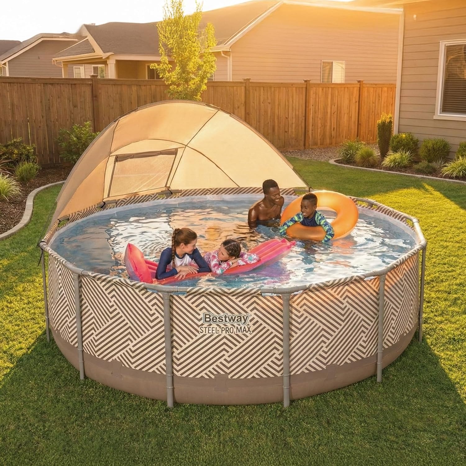 Bestway Steel Pro - Juego de piscina redonda sobre el suelo de 13 x 42 pulgadas con capacidad de 2.941 galones, revestimiento DuraPlus, bomba de filtro, toldo, escalera y parche de reparación
