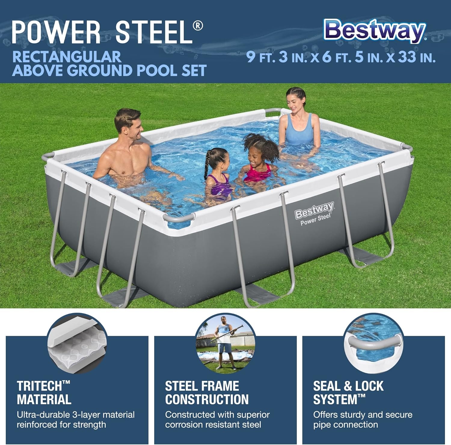 Bestway: Power Steel - Juego de piscina sobre el piso de 9 pies 3 pulgadas x 6 pies 5 pulgadas x 33 pulgadas, 937 galones, piscina familiar rectangular al aire última intervensión, resistente a la corrosión y a los pinchazos, incluye dispensador ChemConne