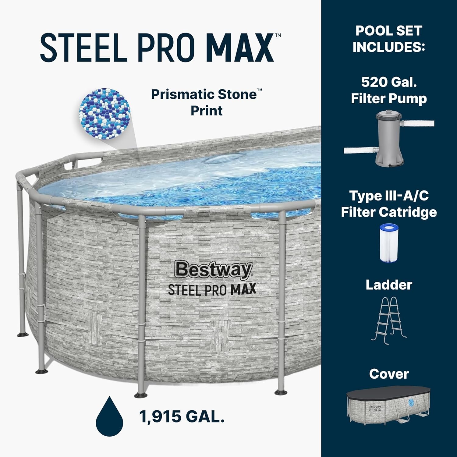 Bestway Power Steel Swim Vista Series Juego de Piscina Ovalada de 14 pies x 8 pies 2 Pulgadas x 39.5 Pulgadas