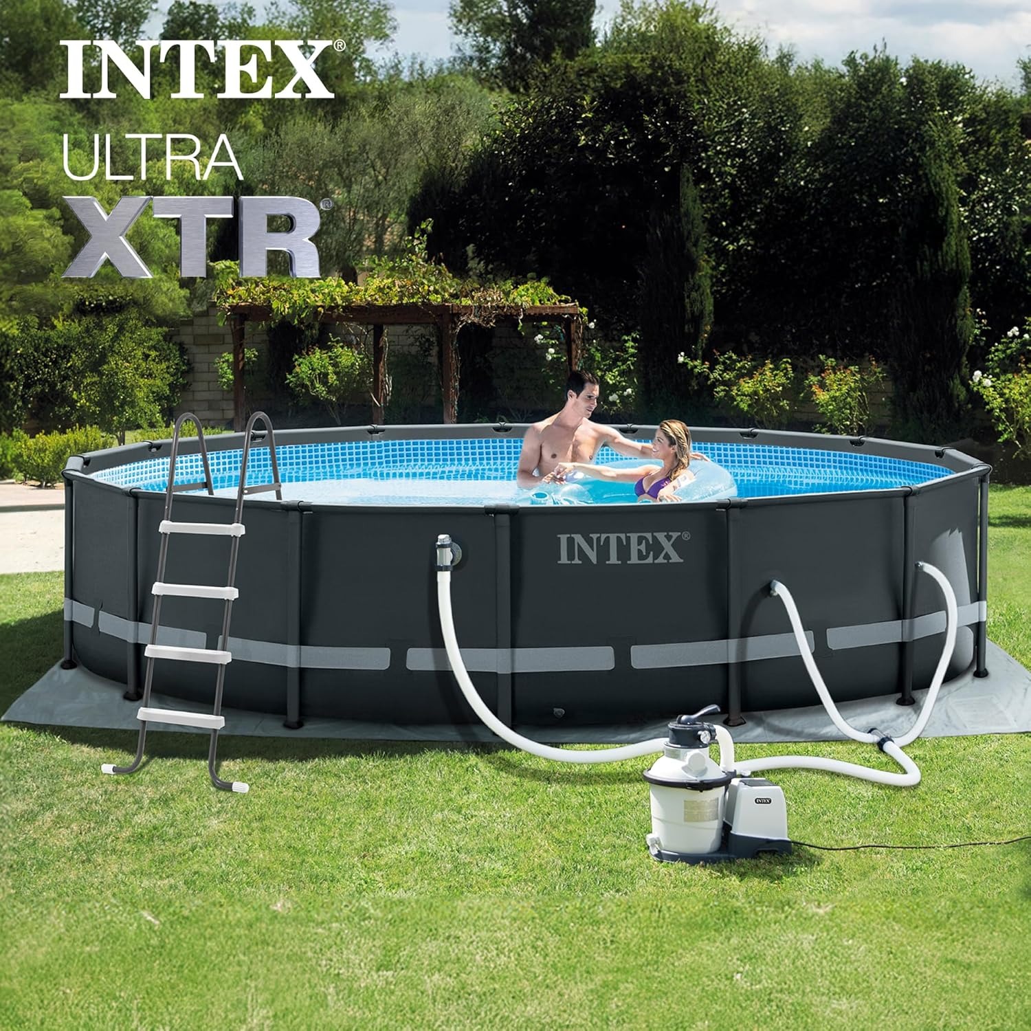 Set de piscina Intex Ultra XTR de 16 pies x 48 pulgadas, con bomba de filtro de arena, escalera, tapiz de suelo y cobertor.