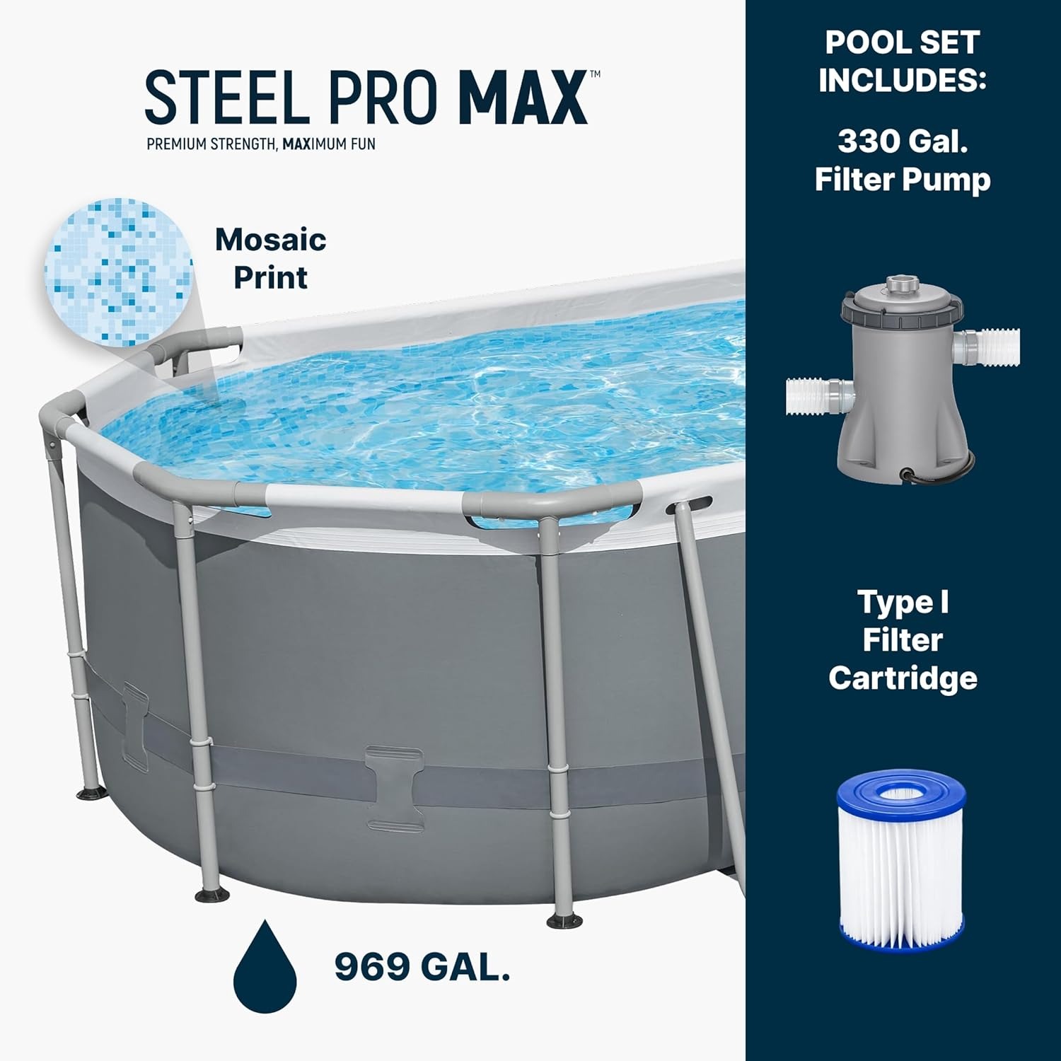 Bestway Steel Pro MAX - Juego de Piscina sobre el Piso (10 pies x 6 pies x 7 pies x 33 pies) | Incluye Bomba de Filtro de 330 galones por Hora | Piscina Ovalada para niños y Adultos