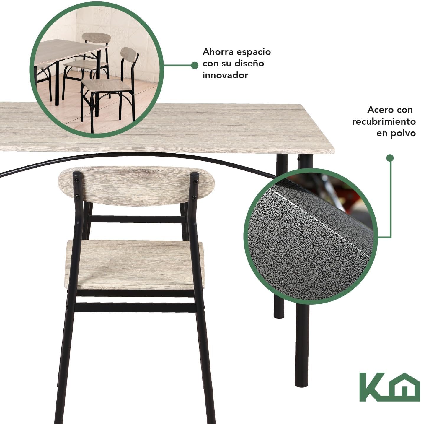 Kingshouse | Comedor 4 Sillas con Mesa – Madera MDF Estructura Metálica - Negro – Moderno Minimalista - para 4 Personas
