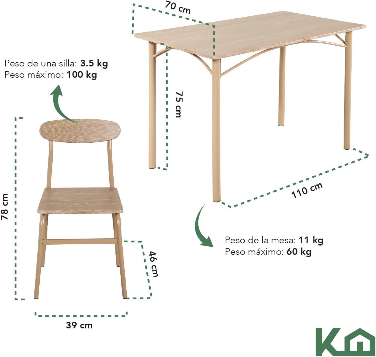 Kingshouse | Comedor 4 Sillas con Mesa – Madera MDF Estructura Metálica - Negro – Moderno Minimalista - para 4 Personas