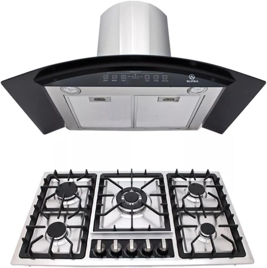 SUPRA Combo empotrable Udine, Parrilla a gas de 5 quemadores para empotrar de 87 cm Mod. 5Q-ES-87, Campana extractora de cristal curvo templado tipo pared para 90 cm Mod. CC-90-AC